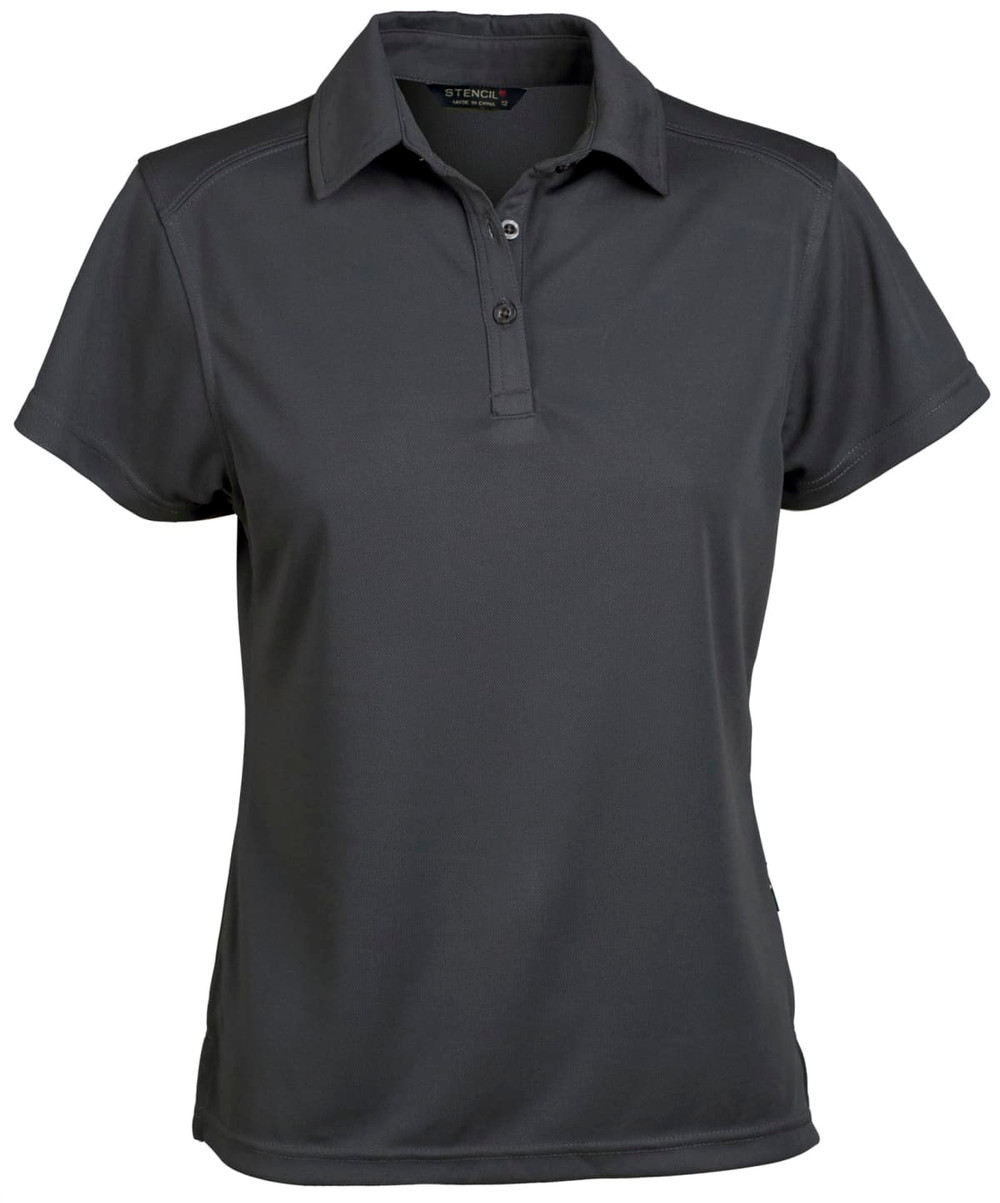 A dark grey ladies' polo shirt with a collar and button placket, featuring a logo on the side.