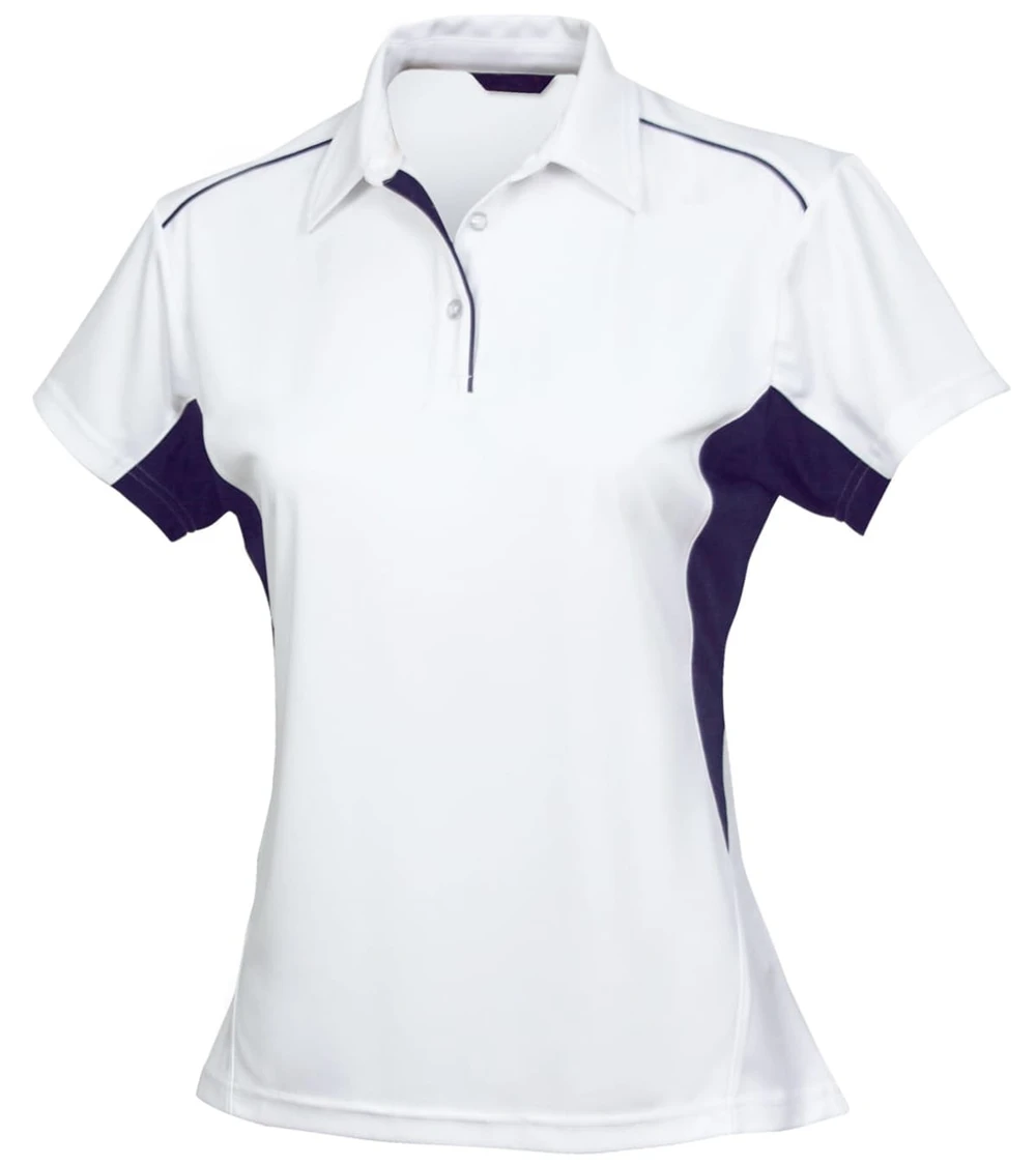 A white polo shirt for ladies featuring navy accents and a three-button placket. It has a branded logo.