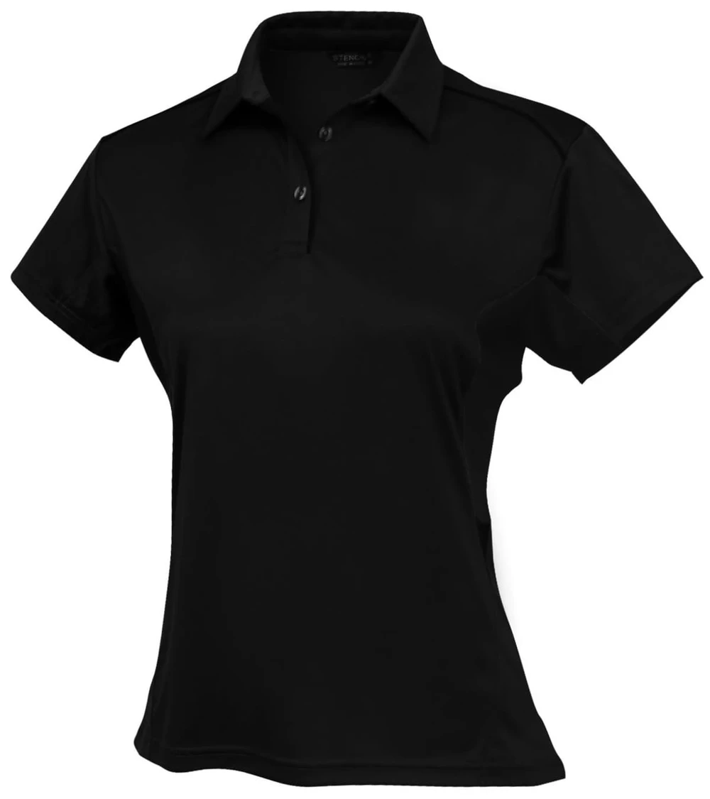 A black ladies' polo shirt featuring a collar, short sleeves, and a logo on the chest.