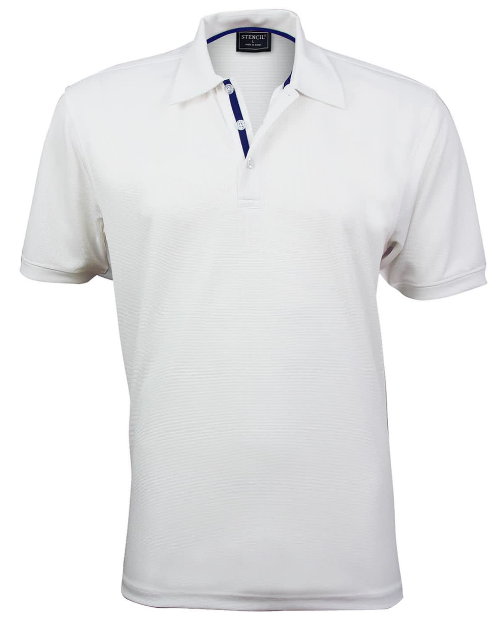 A white polo shirt featuring a collar and a branded logo on the neck area.