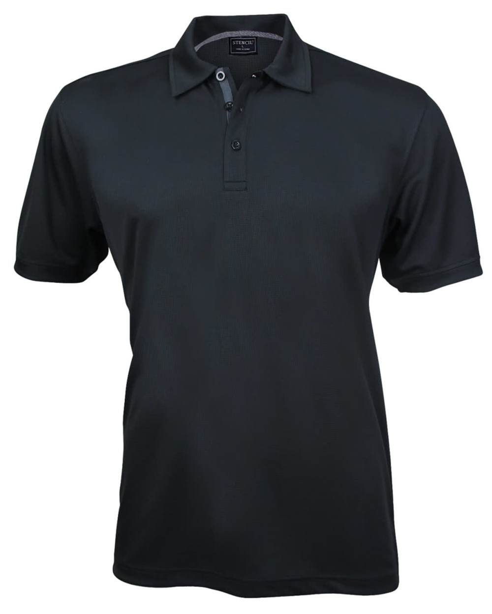 A black polo shirt with a collar and button placket. It features short sleeves and a logo.