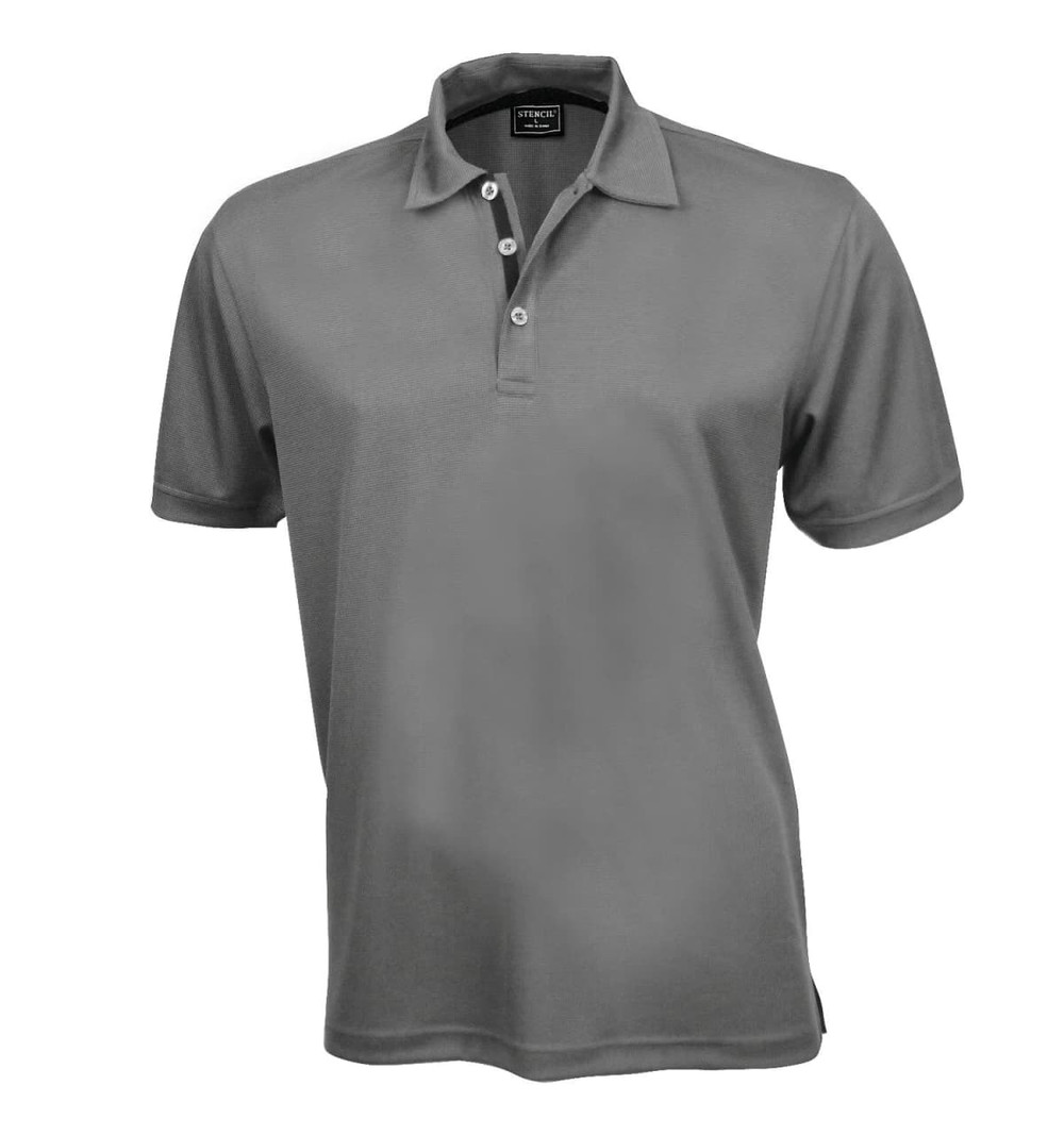 A grey polo shirt with a collar and three buttons, featuring a branding logo.