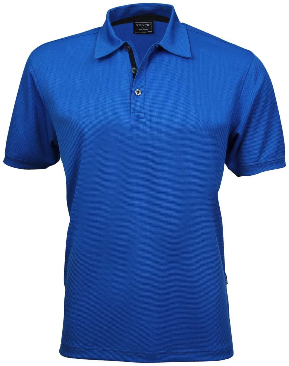 A vibrant blue polo shirt featuring a collar and a button placket, with a logo on the chest.