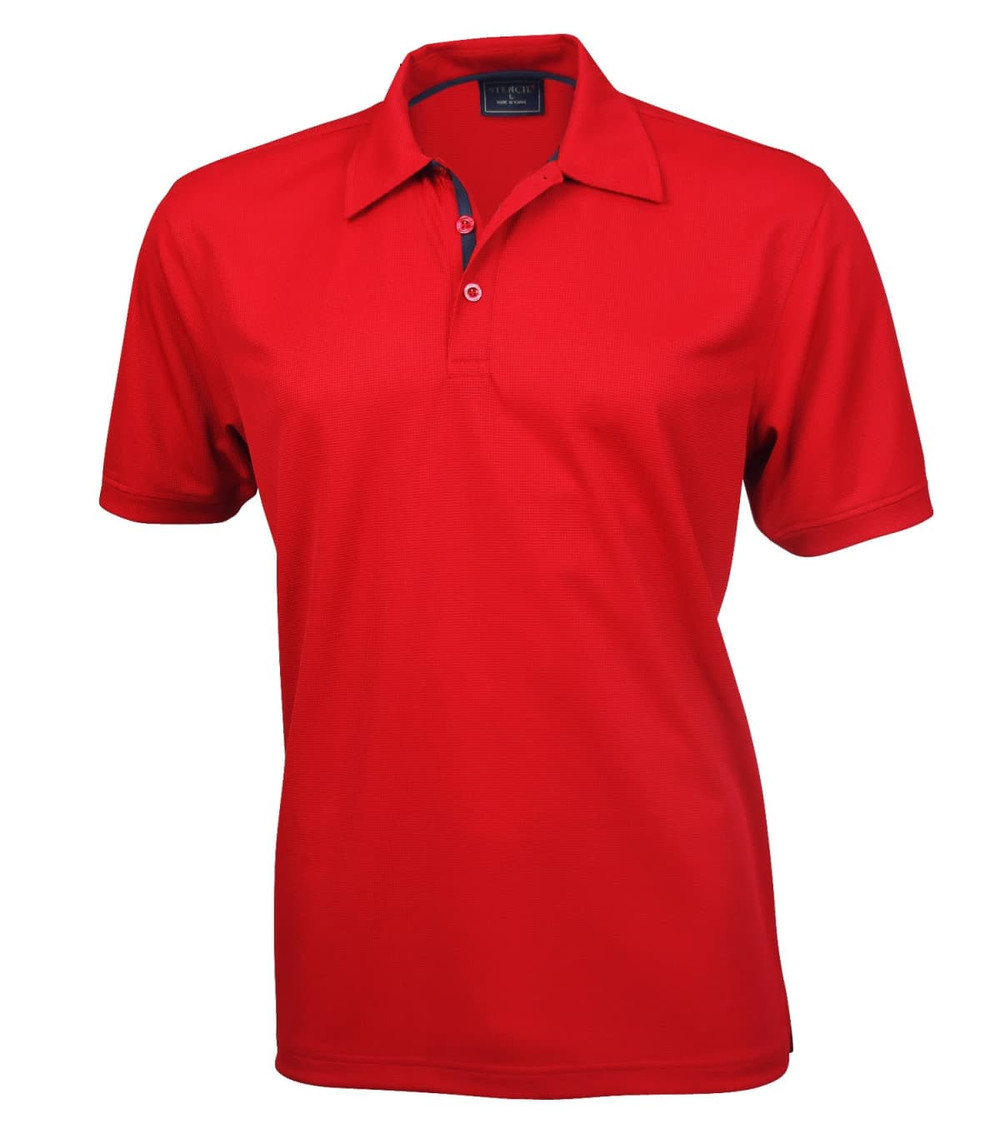 A red polo shirt with a classic collar and three-button placket, featuring a branding logo.