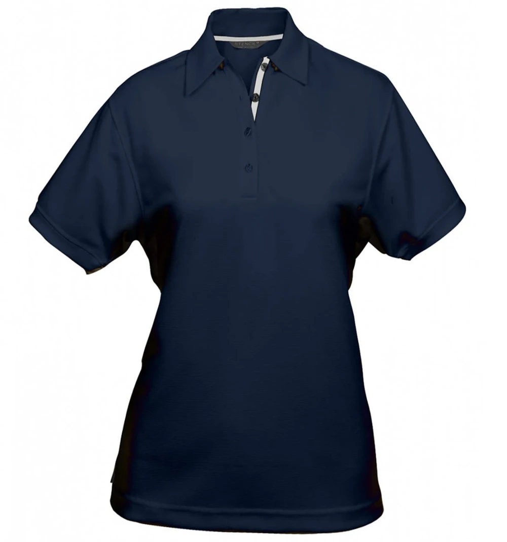 A navy polo shirt for ladies featuring a collar and short sleeves, with a branding logo included.