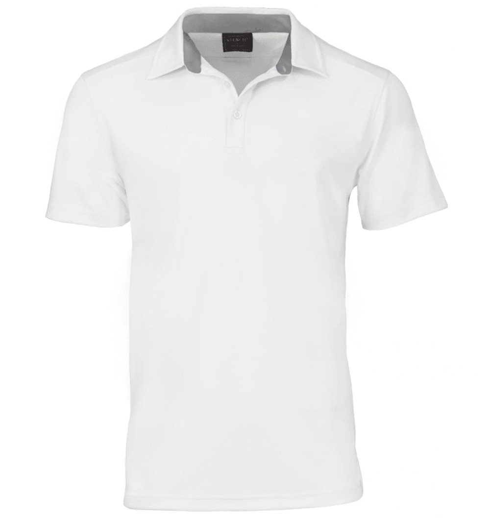 A white men's polo shirt with a collar and a branding logo. Suitable for casual or semi-formal wear.