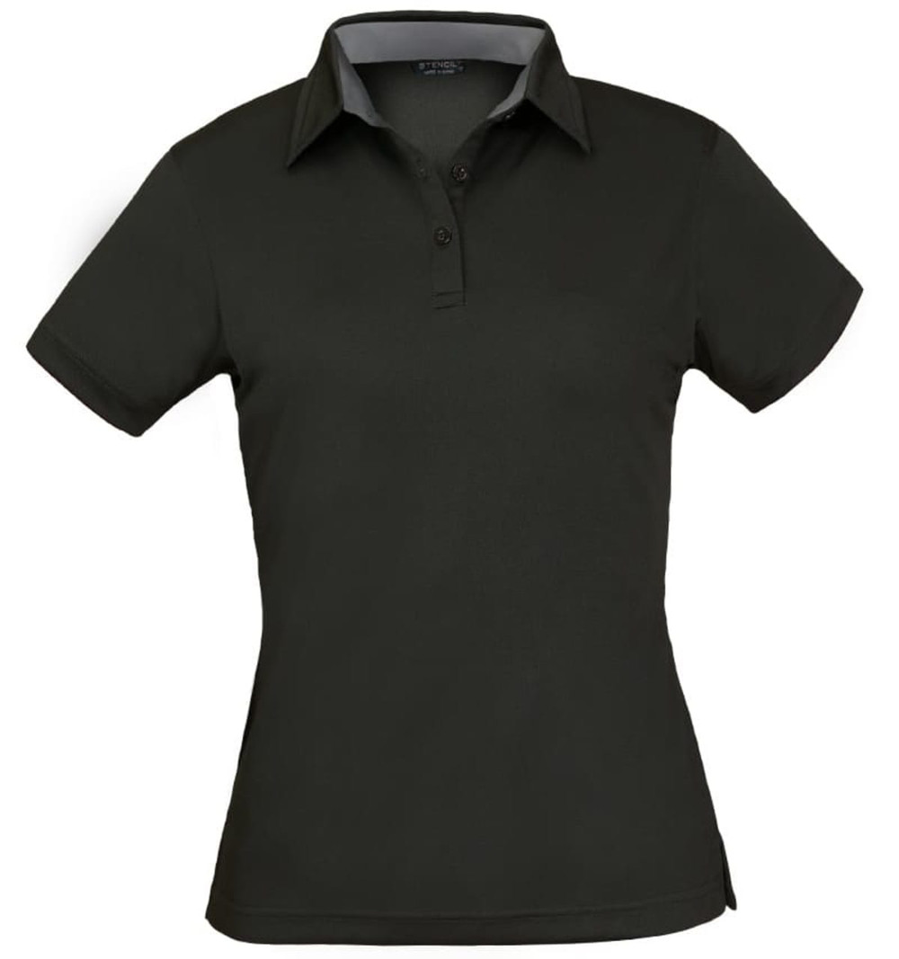 A dark green ladies' polo shirt with a collared neck and button placket, featuring a logo on the chest.
