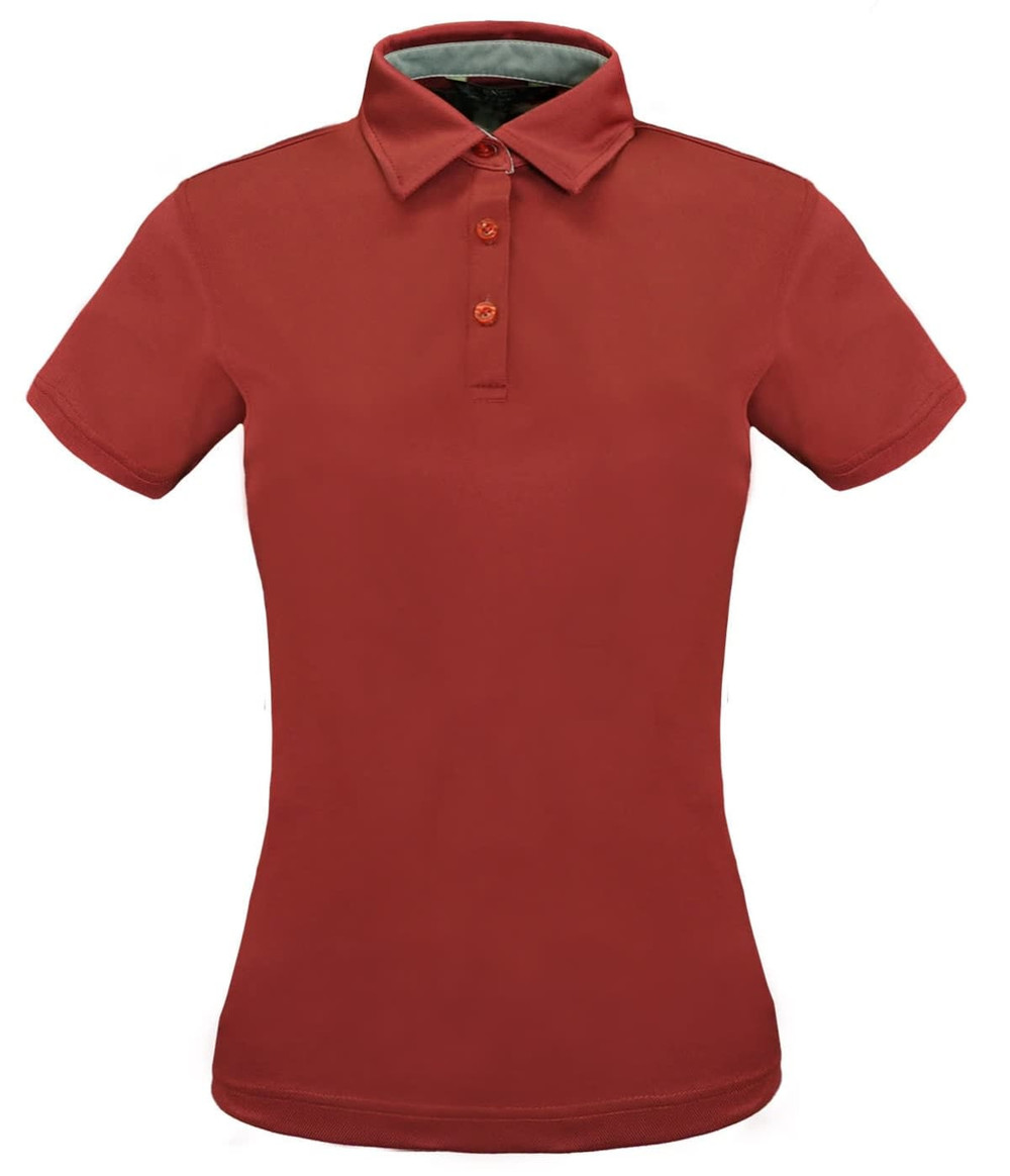 A red ladies' polo shirt featuring a collar and three buttons, designed with a logo.