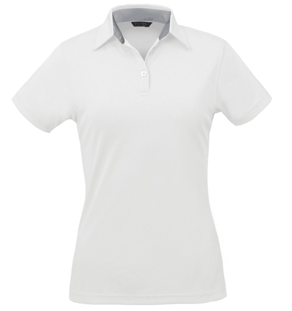 A white ladies' polo shirt with a classic collar and a branding logo on the chest.