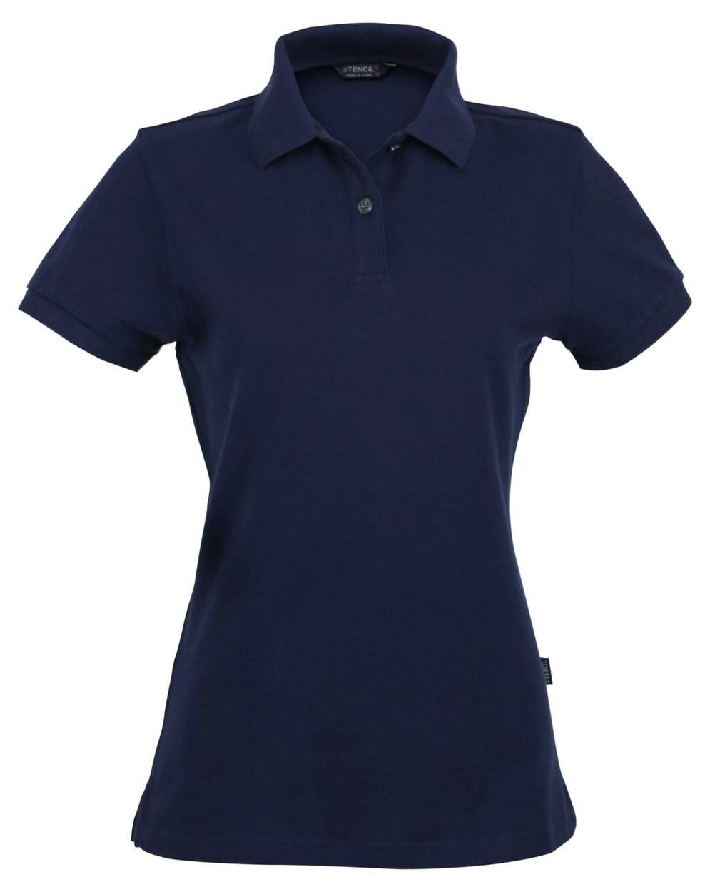 A navy blue ladies' polo shirt featuring a collar, short sleeves, and a button placket. It has a logo on the side.