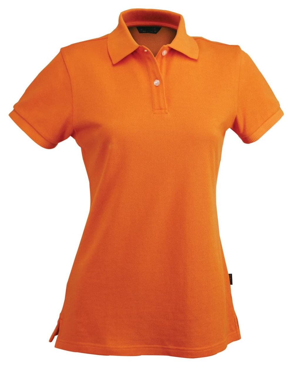 An orange ladies' polo shirt featuring a classic collar and short sleeves, with a logo on the design.