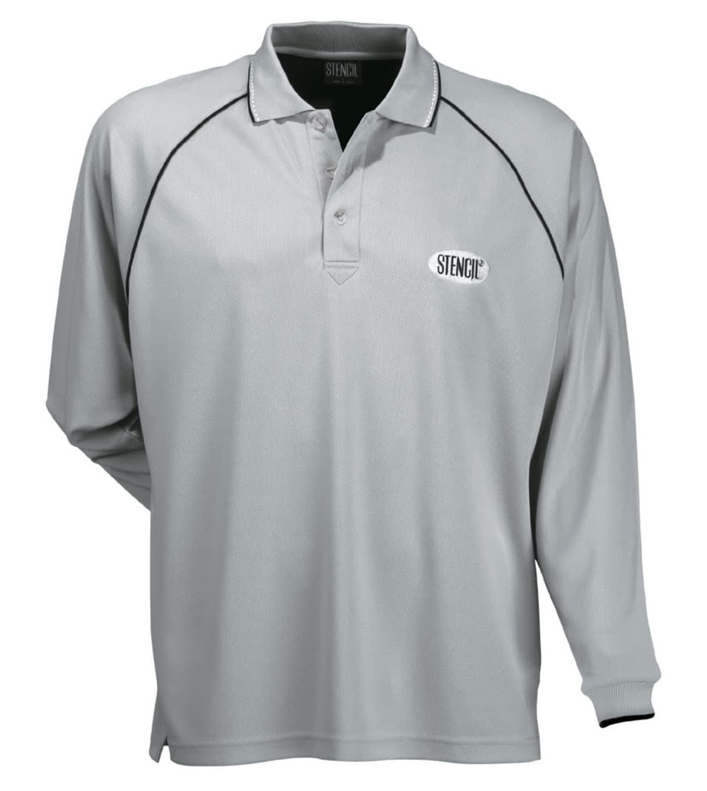 A light grey long-sleeve polo shirt with a contrasting seam and a logo on the chest.