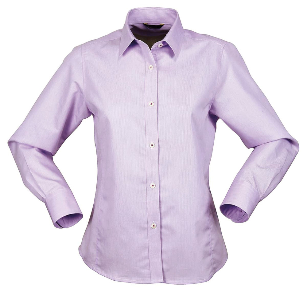 A lilac long-sleeve ladies' button-up shirt featuring a fitted silhouette and a logo.