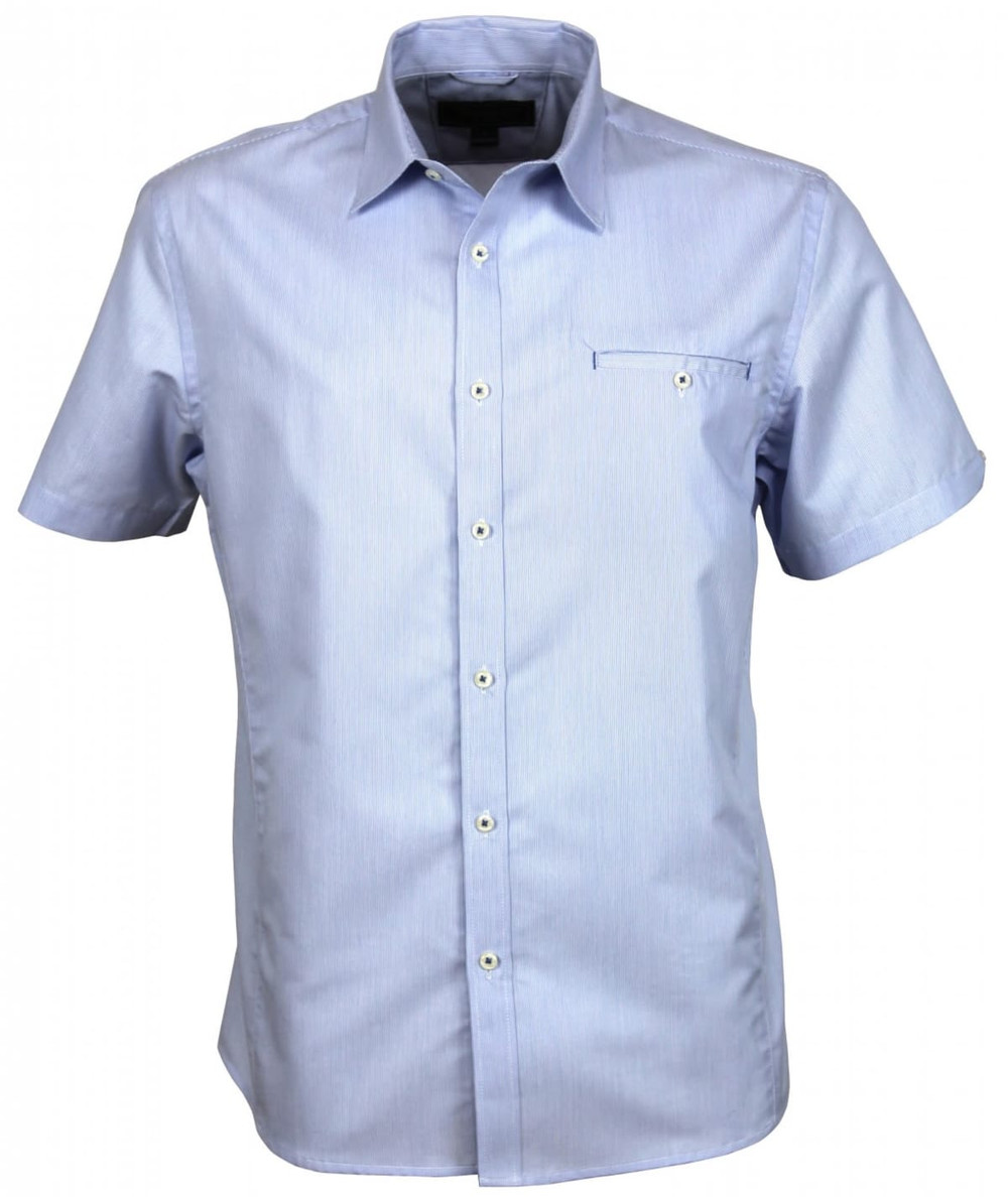 A short-sleeved, button-up shirt in light blue with a chest pocket and a brand logo.
