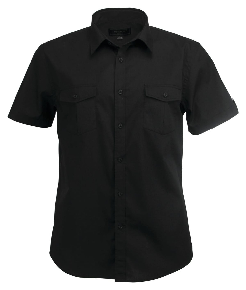 A short-sleeved men's shirt in black, featuring a button-up front and two chest pockets. Includes a logo on the sleeve.