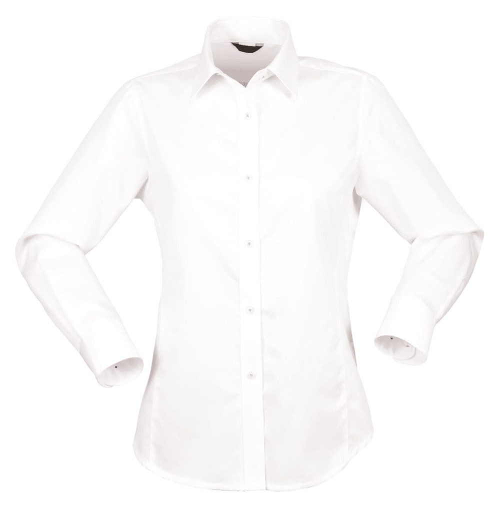 A white long-sleeved button-up ladies' shirt with a branded logo on the collar.