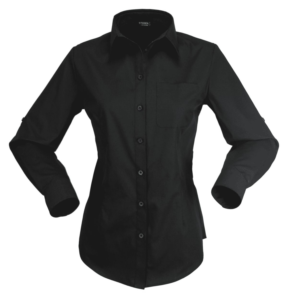 A black long-sleeve button-up shirt for ladies with a chest pocket and a logo. 