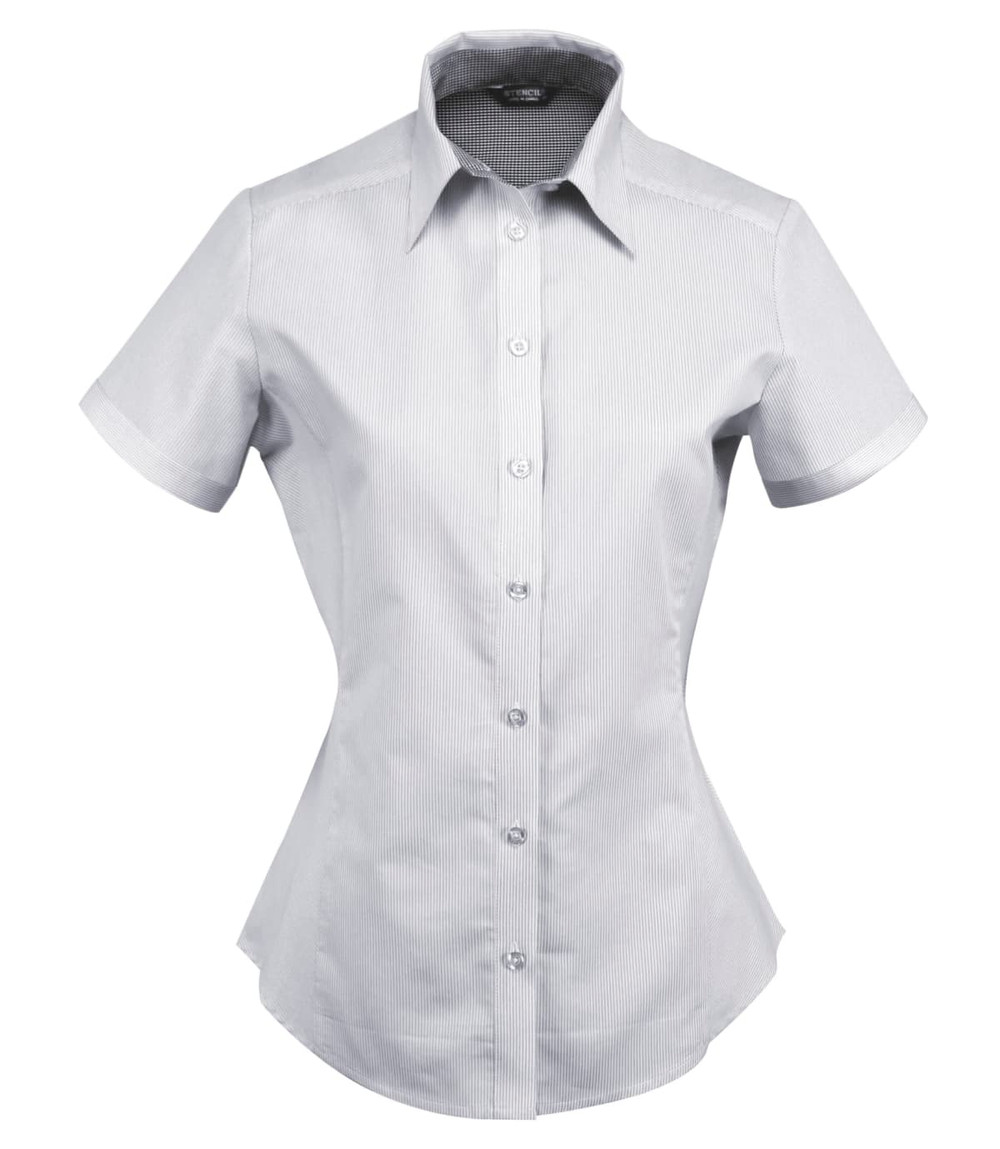 A short-sleeved, fitted ladies' button-up shirt in light grey with a subtle striped pattern and a collar.