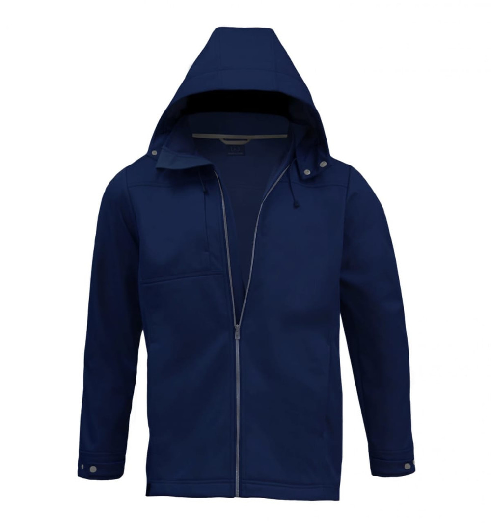 A navy soft shell jacket featuring a hood and a zippered front. Includes a pocket on the chest and has a logo.