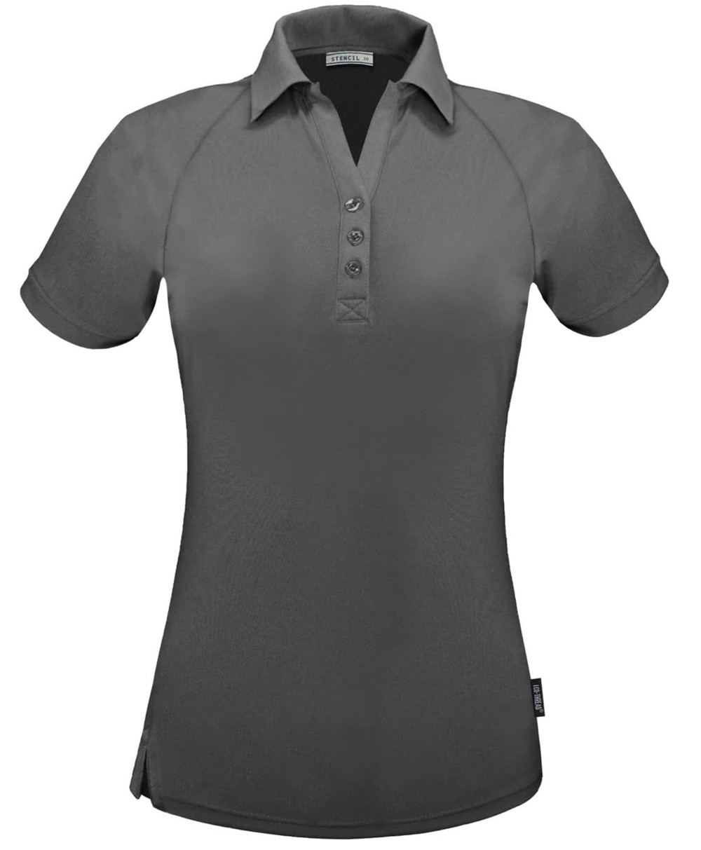 A grey polo shirt with a collar, short sleeves, and a buttoned placket. It features a logo on the side.