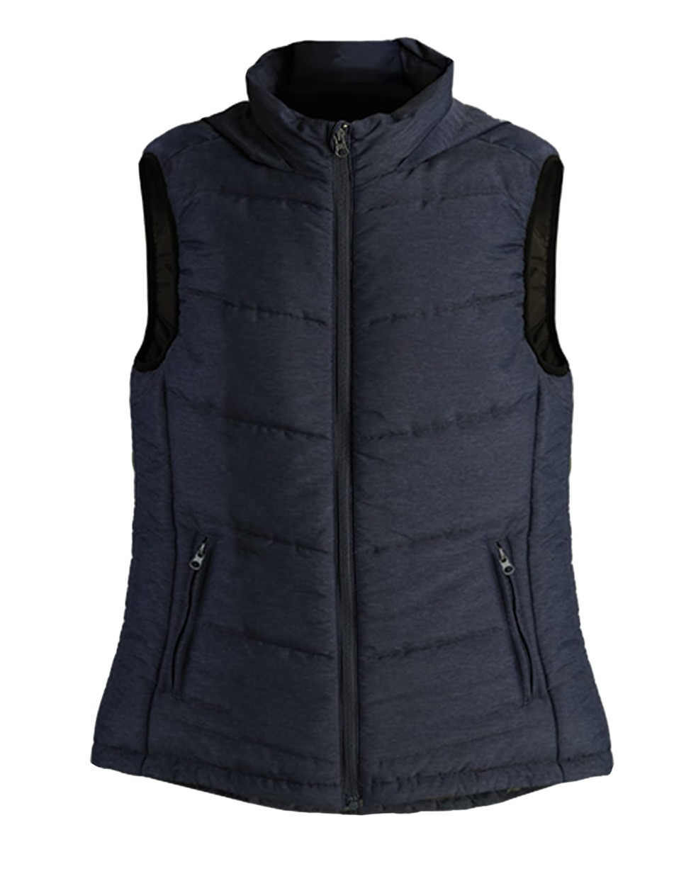 A navy vest with a zip front and side pockets, featuring black panel accents and a high collar.