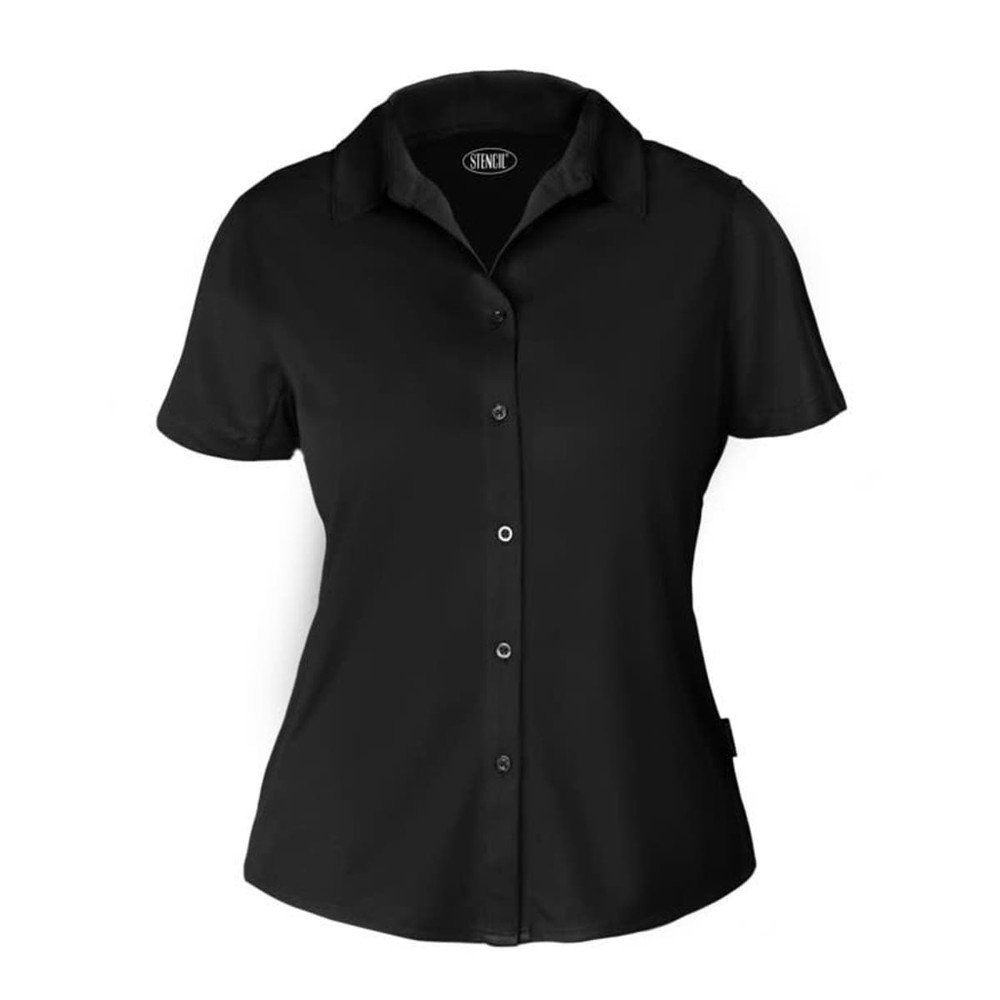 A black short-sleeved polo shirt with a collared neckline and button-up front, featuring a logo.
