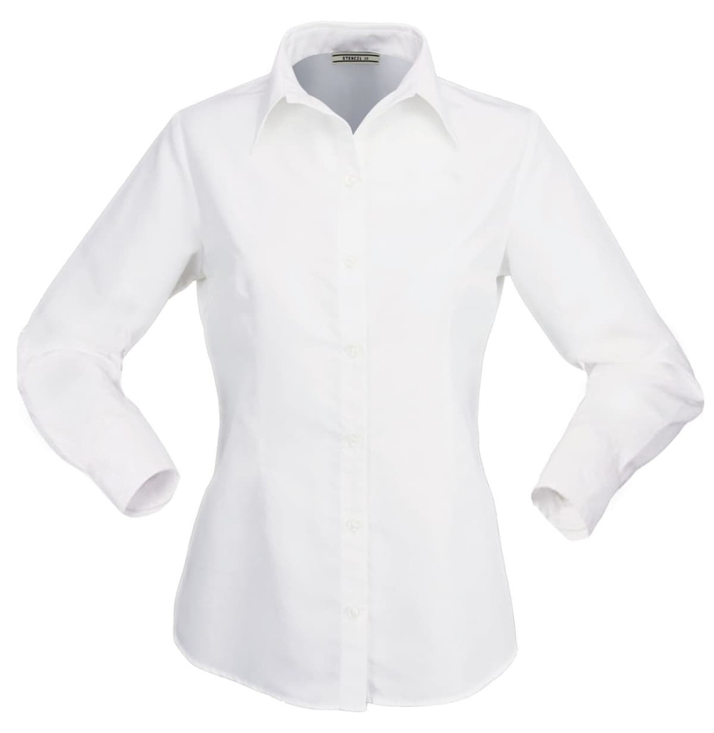 A white long-sleeve button-up shirt for ladies, featuring a collar and branding on the label.