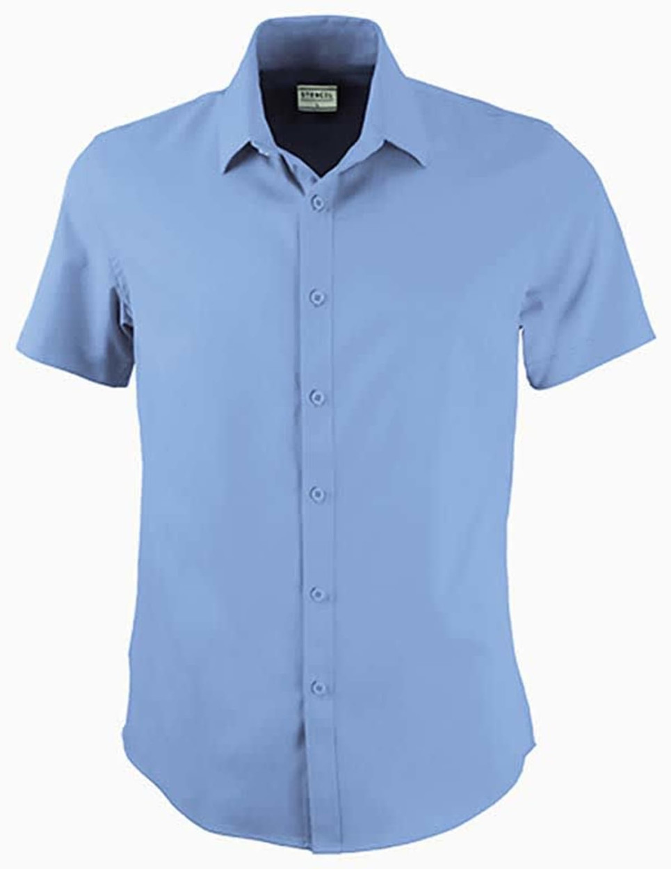 A light blue short-sleeve button-up shirt with a collar and a logo on the label.