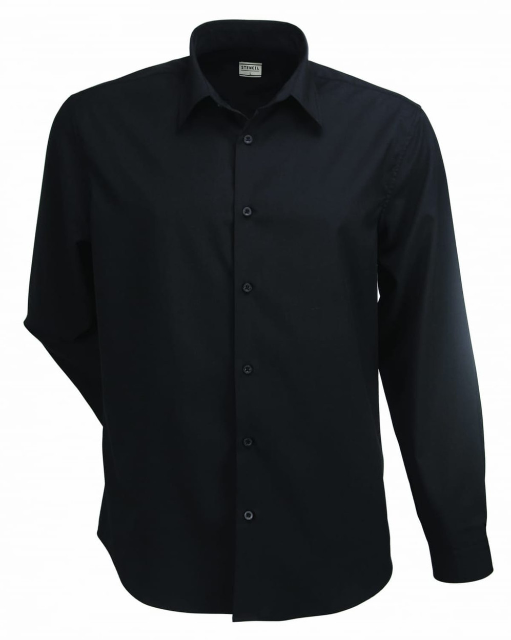 A black long-sleeve button-up shirt for men, featuring a collar and front buttons. The shirt has a logo.
