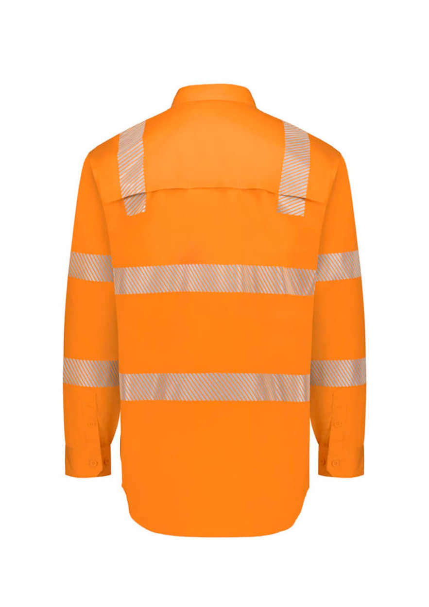 High-visibility orange men's work shirt featuring segmented reflective tape on the back. Includes a logo.