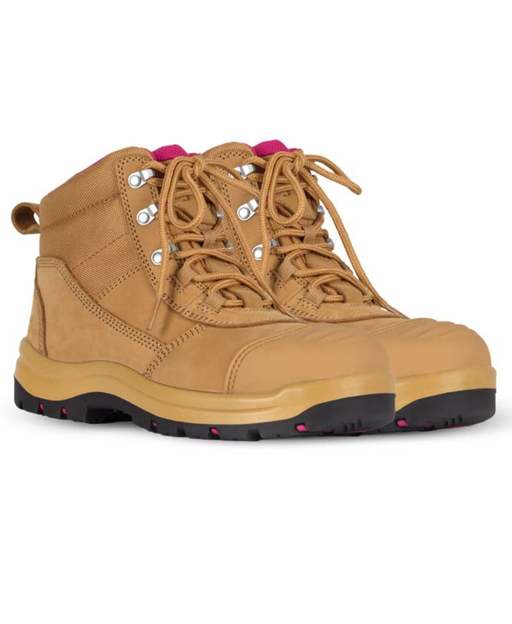 A pair of wheat and pink safety boots featuring a rugged design and lace-up closure. Suitable for various terrains.