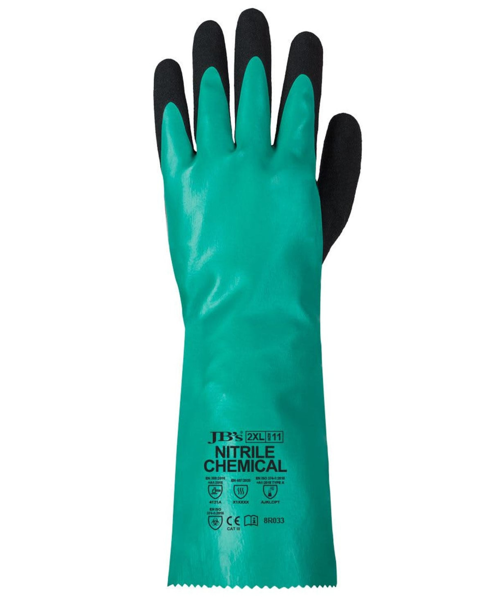 A nitrile chemical glove in green and black, featuring a textured grip and a branding logo on the wrist area.