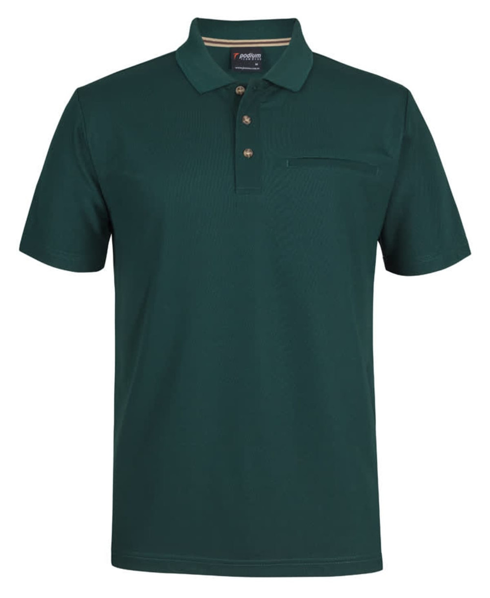 A green polo shirt with a collar, three buttons, and a chest pocket, featuring a logo.