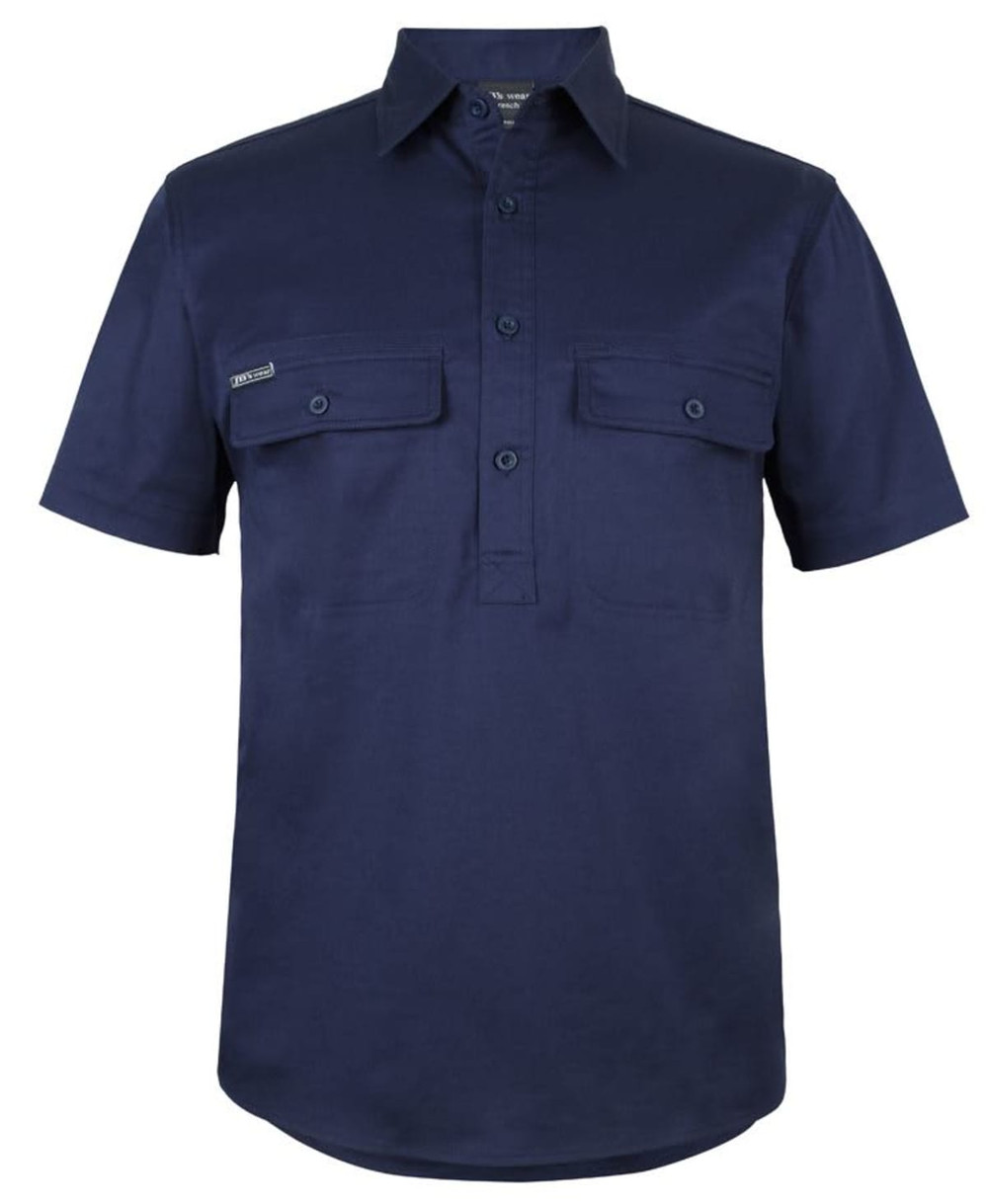 A navy short-sleeve work shirt featuring a close front design and two chest pockets. It has a logo on one pocket.