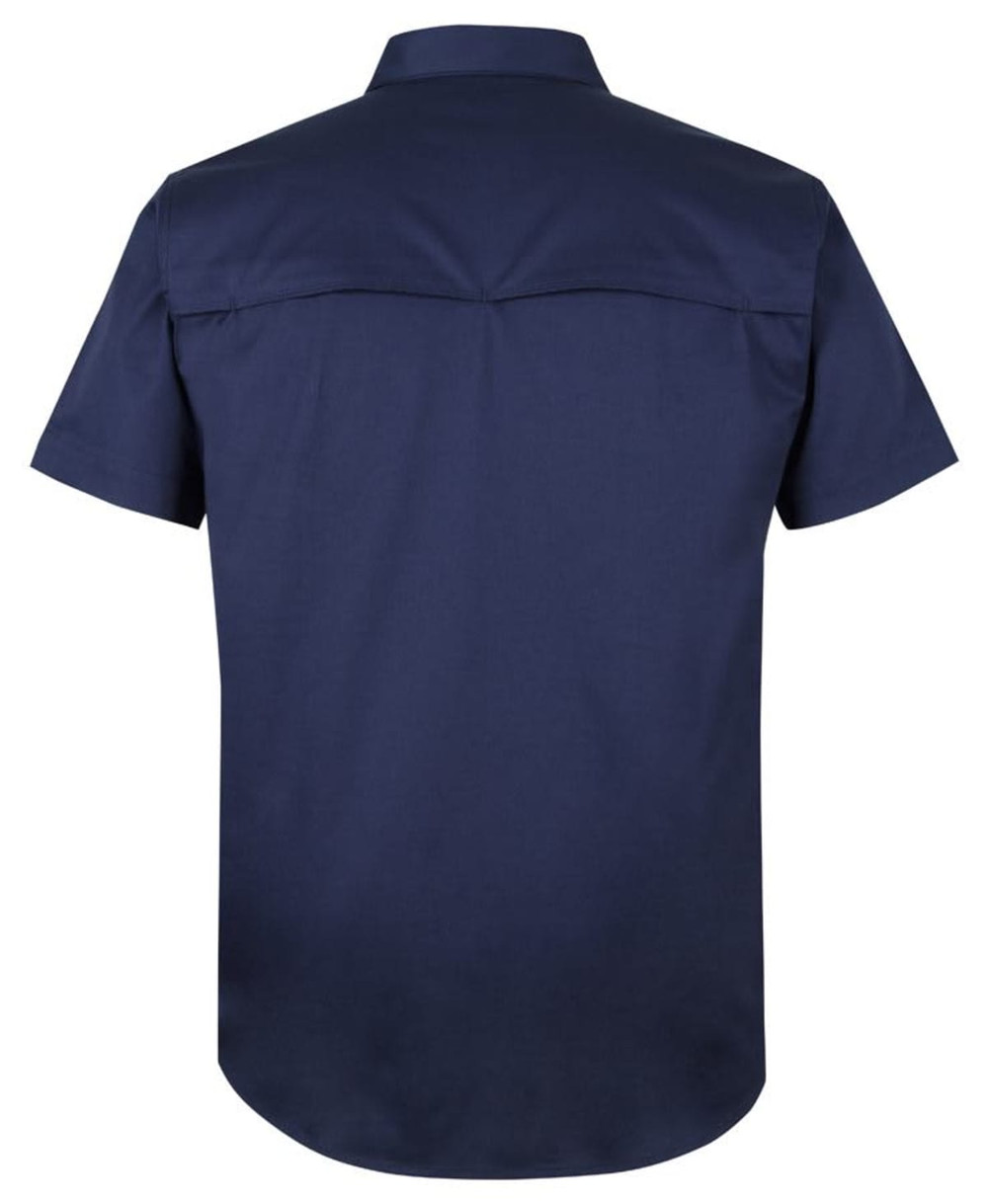 A navy blue short-sleeved work shirt with a close front, featuring a smooth back design and a logo.