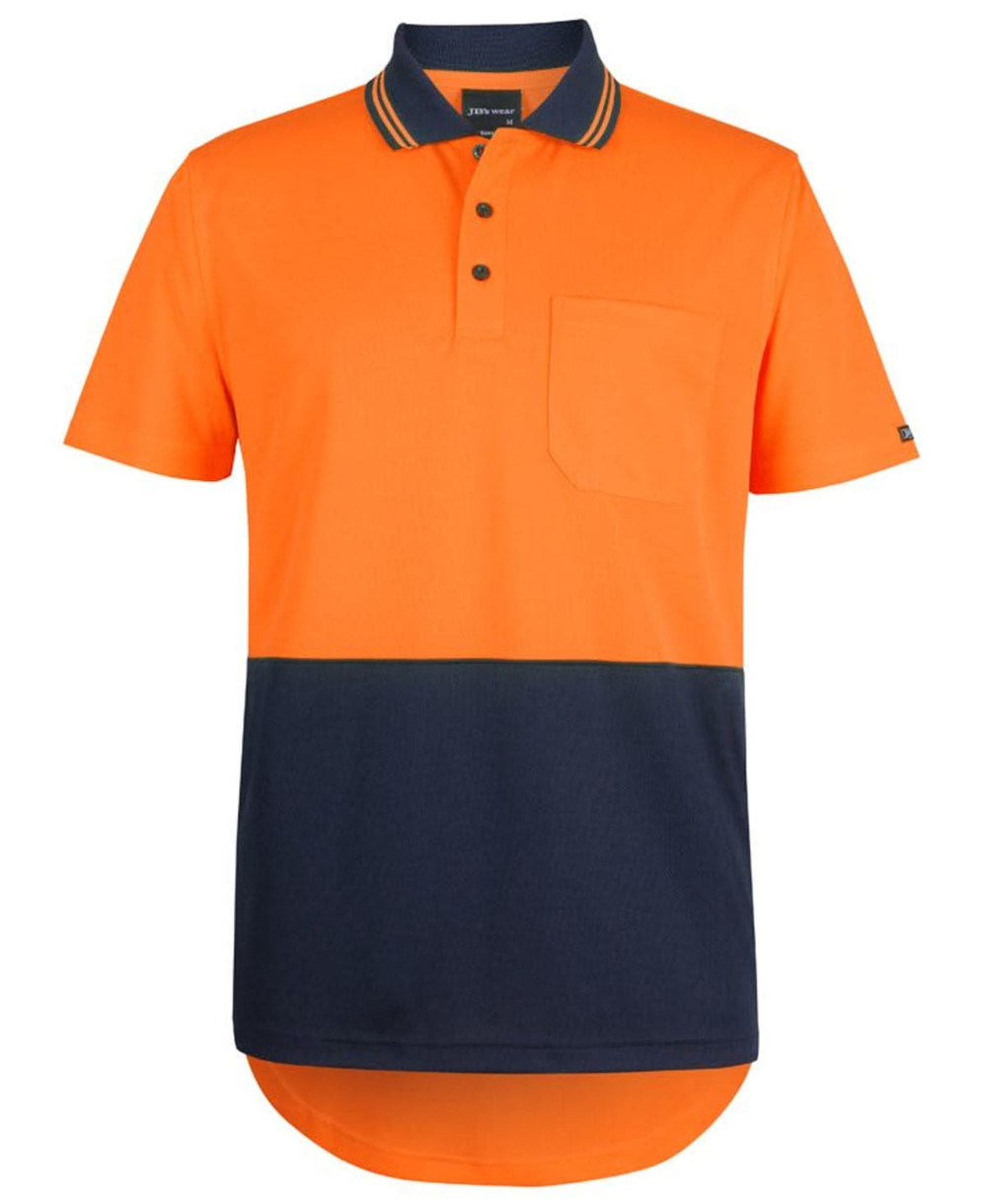 An orange and navy short-sleeved drop tail polo shirt with a pocket and a logo.