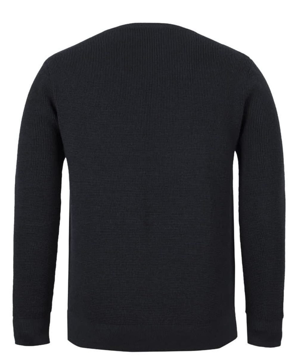 A knitted chunky crew neck jumper in black, featuring a textured pattern and a simple design on the back.