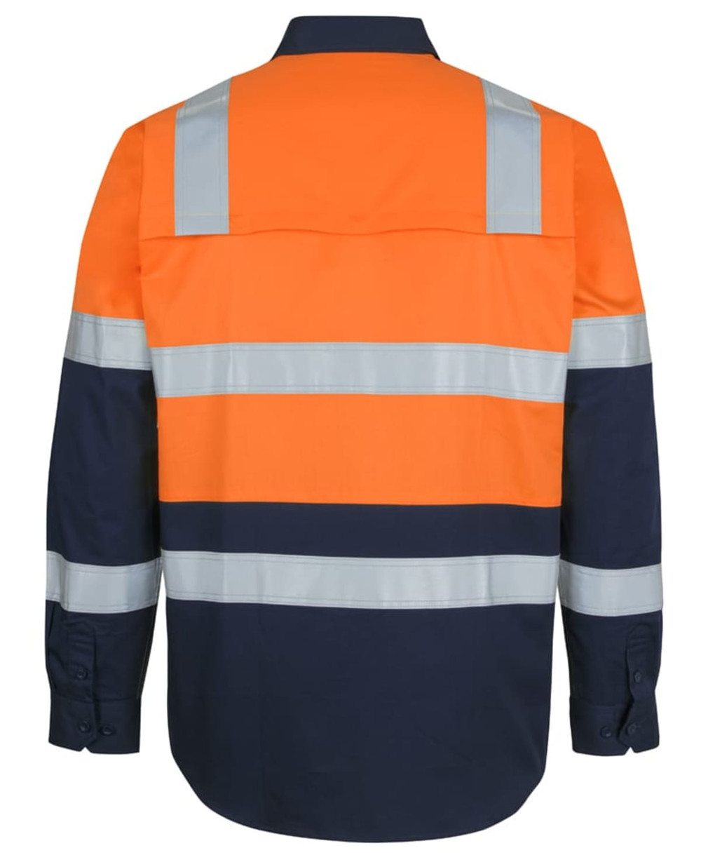 High-visibility long sleeve shirt in orange and navy, featuring reflective stripes and a branding logo.