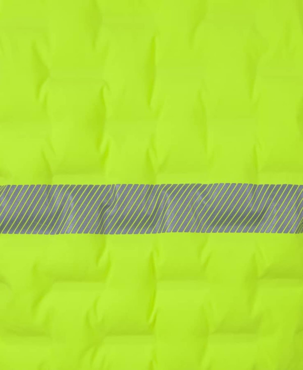 A bright yellow puffer jacket with a grey striped band and a logo on the chest area.