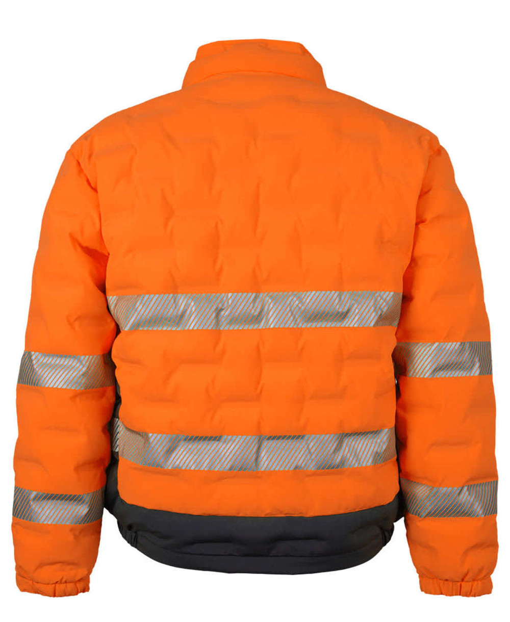 An orange puffer jacket with reflective stripes, featuring a quilted design and a dark bottom section.