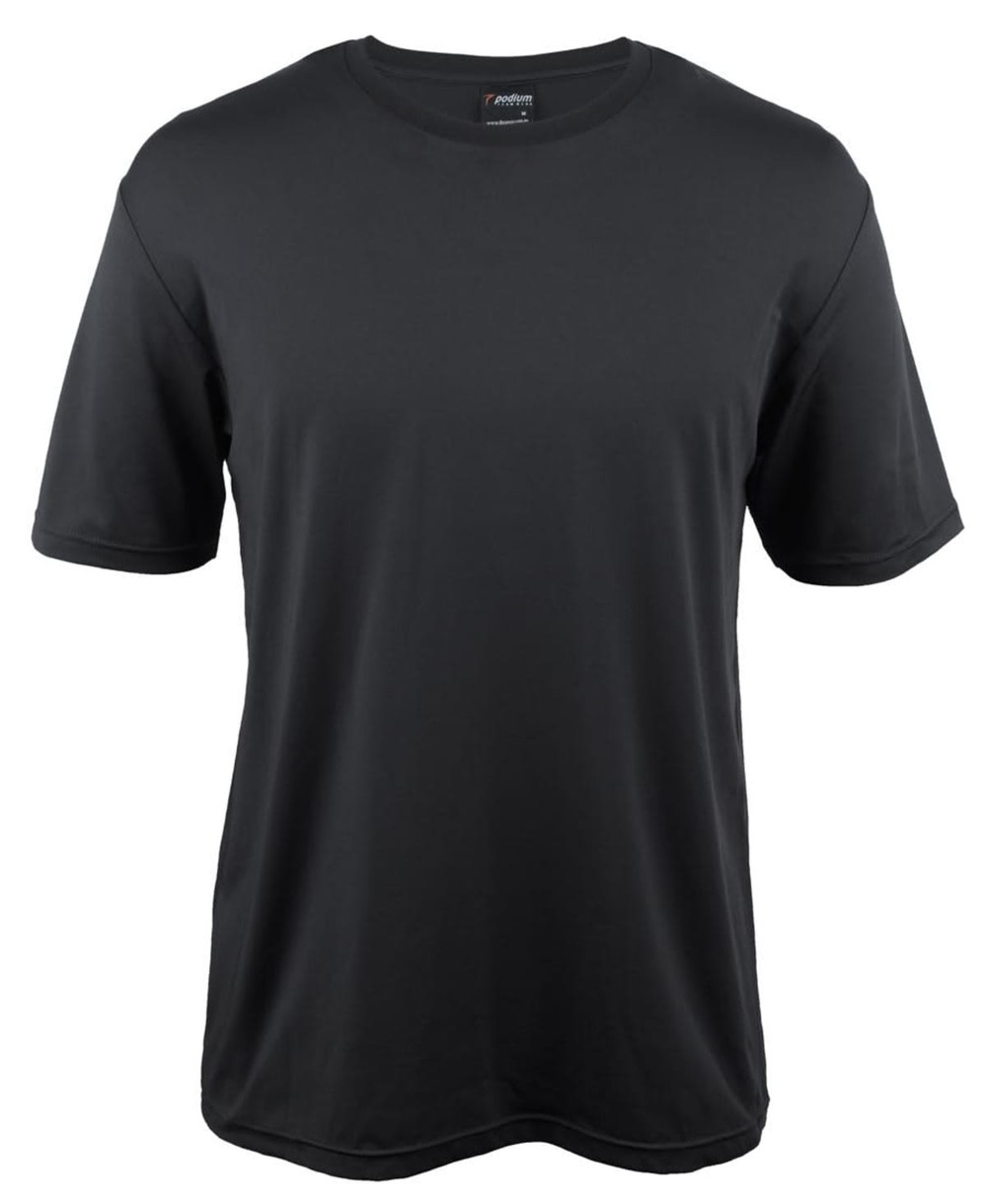 A black T-shirt featuring short sleeves, made from soft fabric, with a logo on the collar.