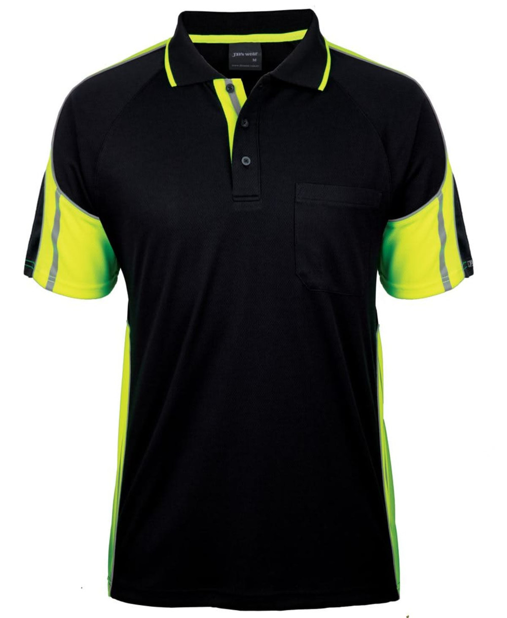 A black and hi-vis yellow polo shirt with short sleeves, featuring a pocket and a logo on the collar.