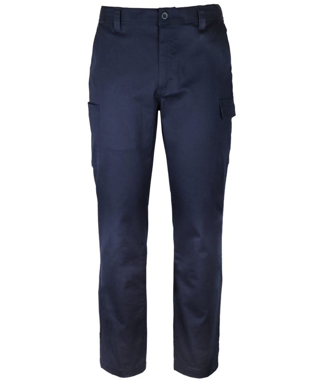 A pair of navy cargo pants featuring multiple pockets and a fitted design. The pants have a logo on them.