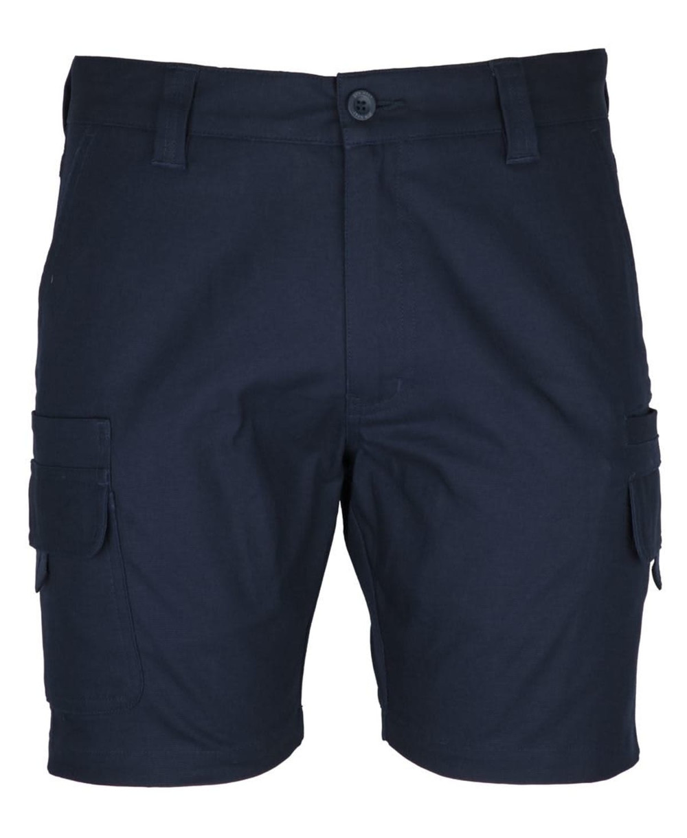 A pair of navy blue cargo shorts with multiple pockets and a button closure at the front, featuring branding.