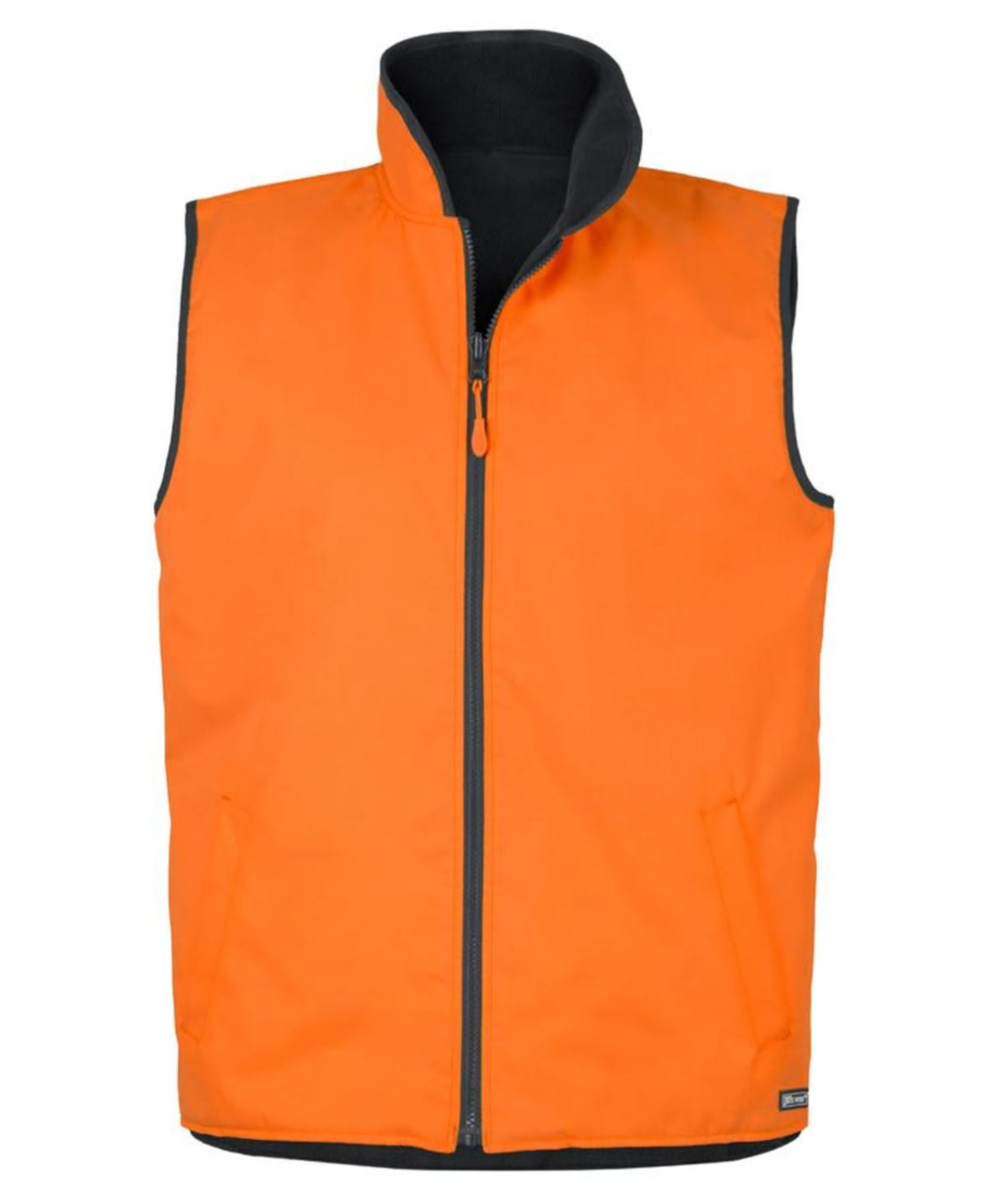 An orange reversible vest with a black interior, featuring a front zip and side pockets. It has a logo on it.