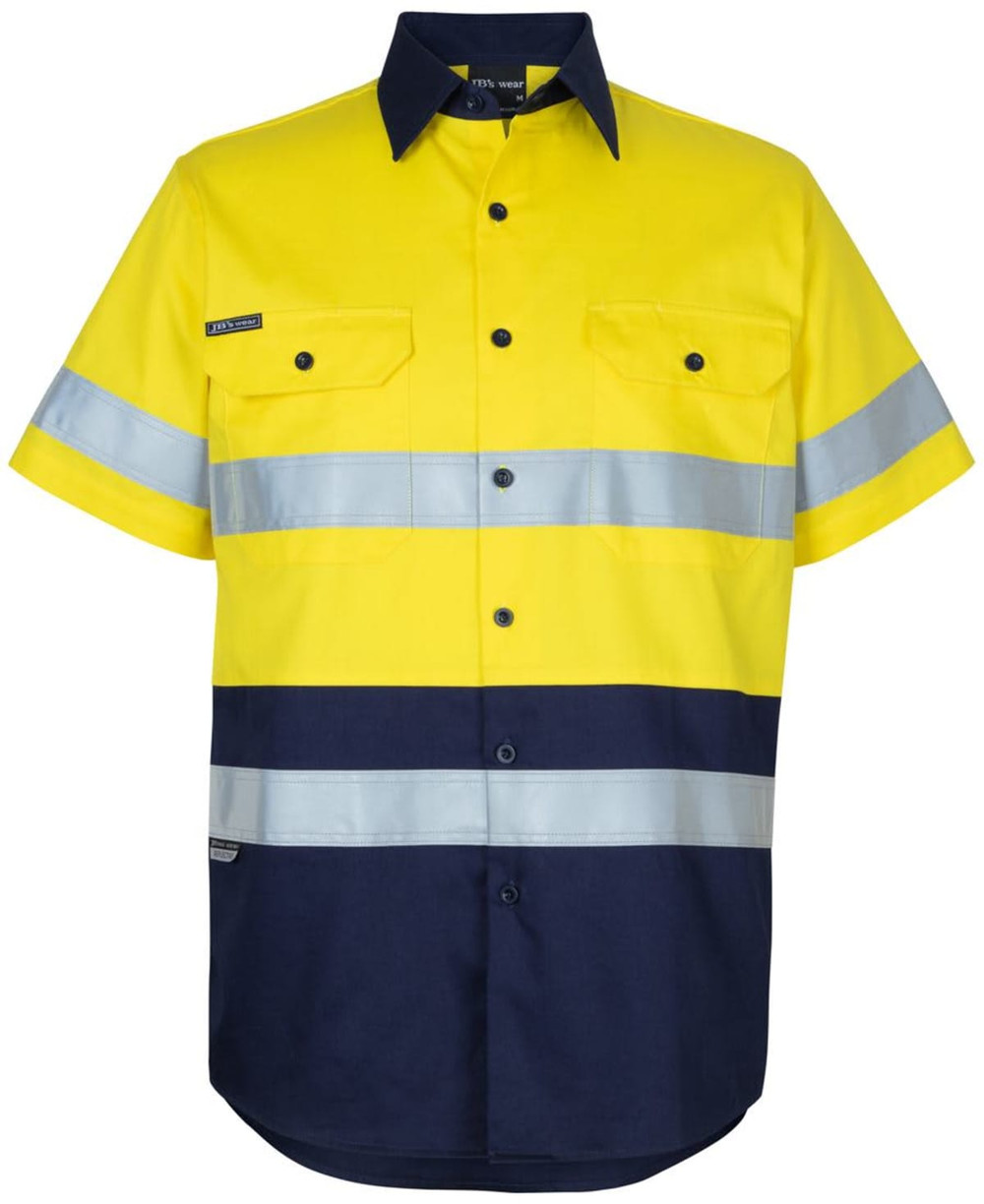 A short-sleeved work shirt in high-visibility yellow and navy, featuring reflective strips and a logo.