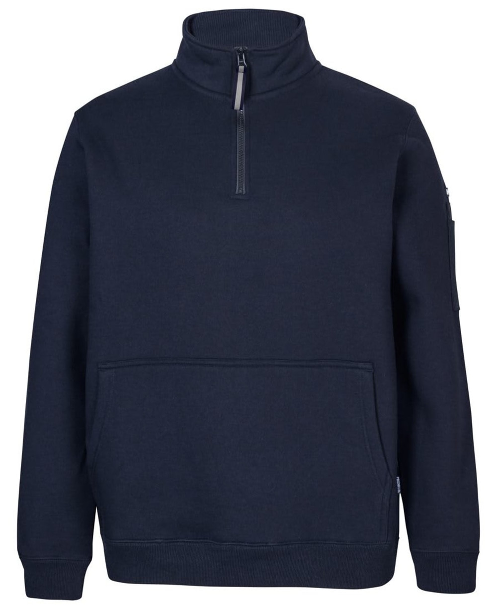 A navy blue 1/2 zip fleece jumper featuring a front pocket and a logo on the sleeve.