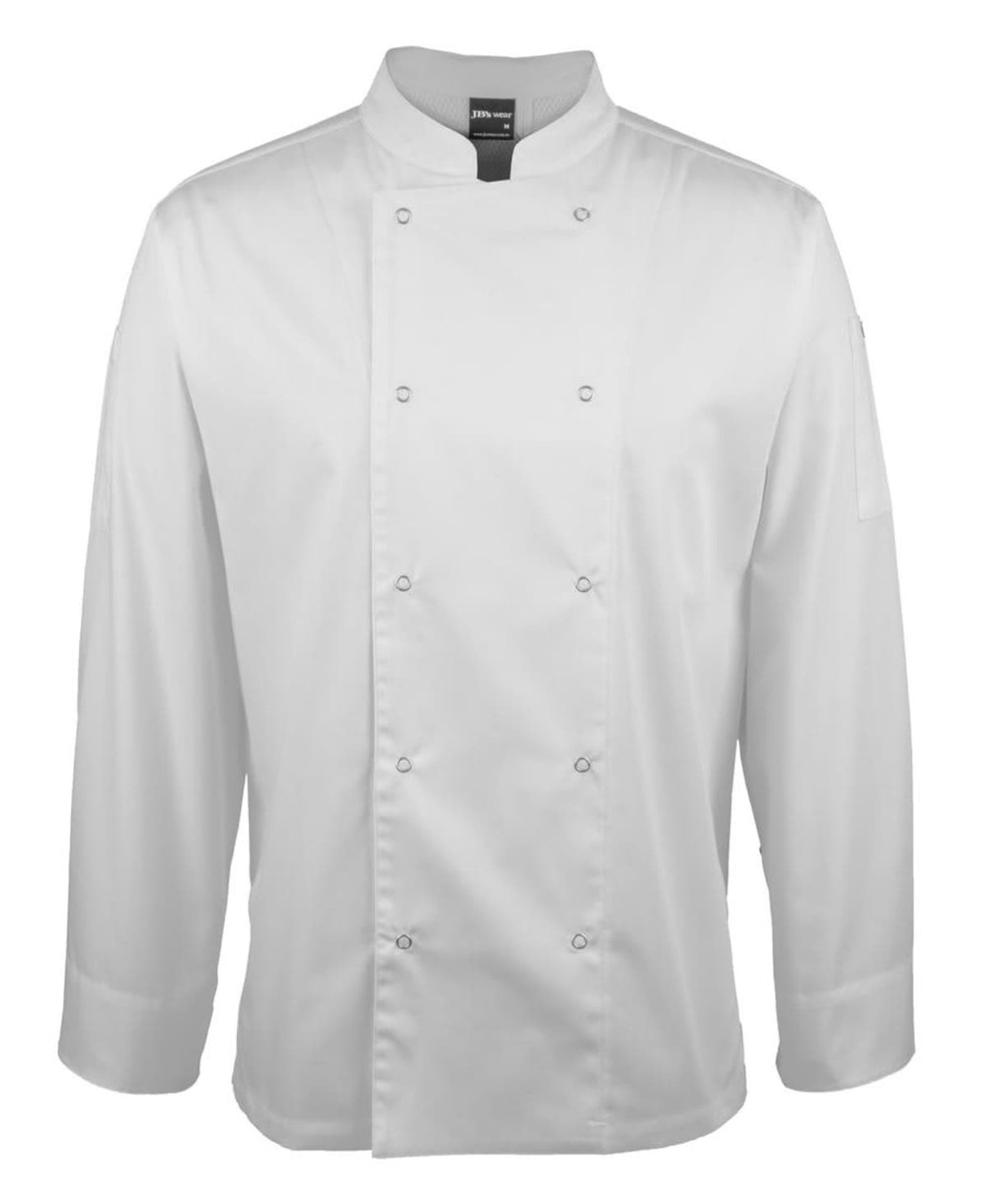 A white long-sleeve snap button chef’s jacket with a collar and logo detail.