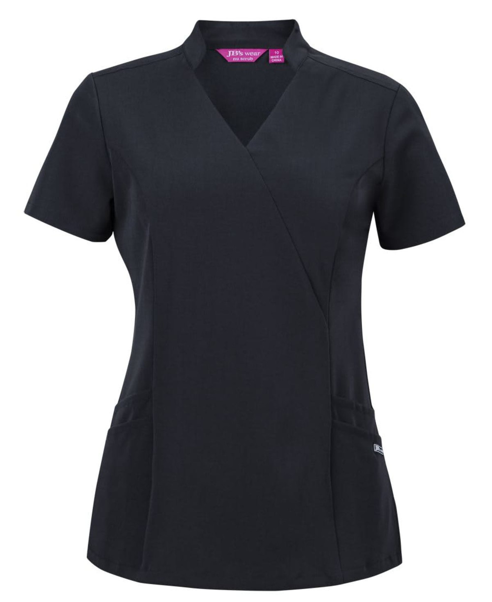 A black scrub top featuring a mandarin collar and short sleeves, with pockets and a logo.