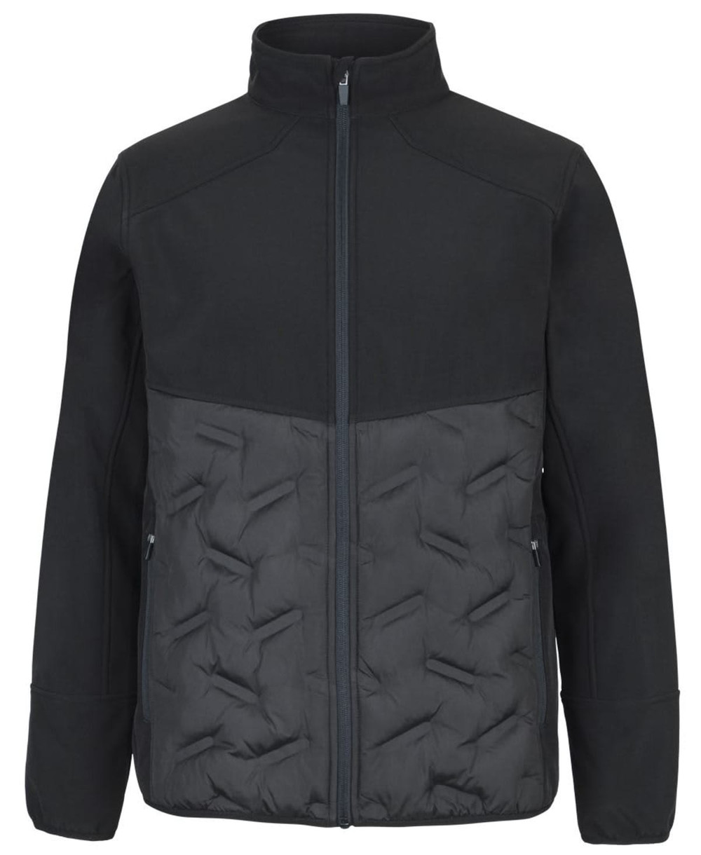 A black hybrid jacket featuring a soft shell upper and quilted lower section, with side pockets and a front zip.